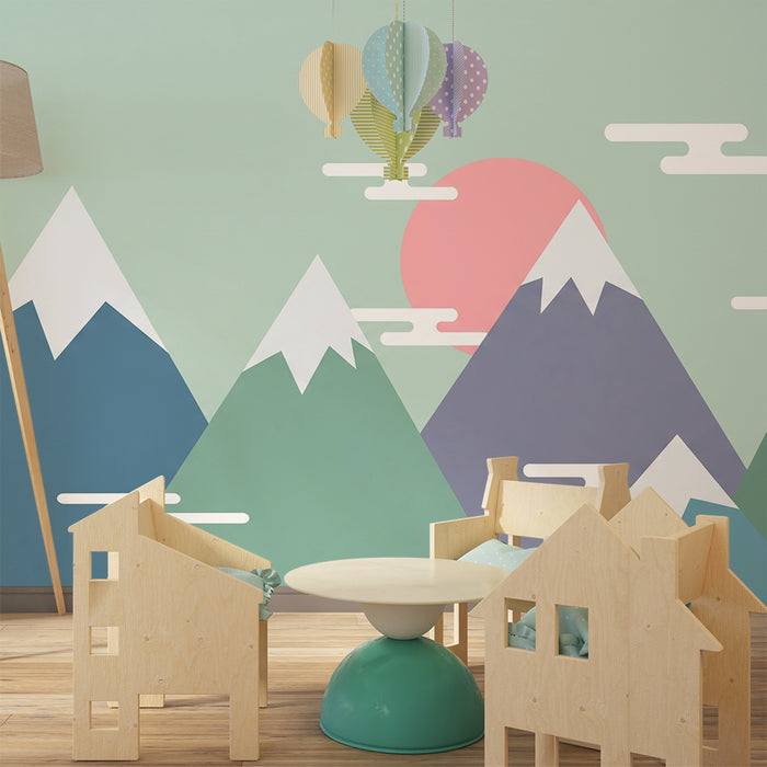 Barntapet | Stiliserade berg med en rosa sol och moln