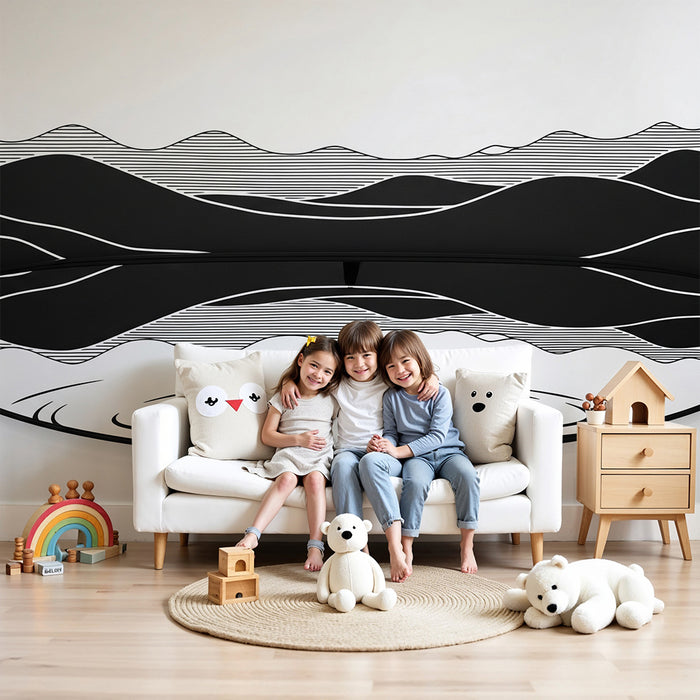 Kids room wallpaper | Stylized black and white mountains with wavy patterns