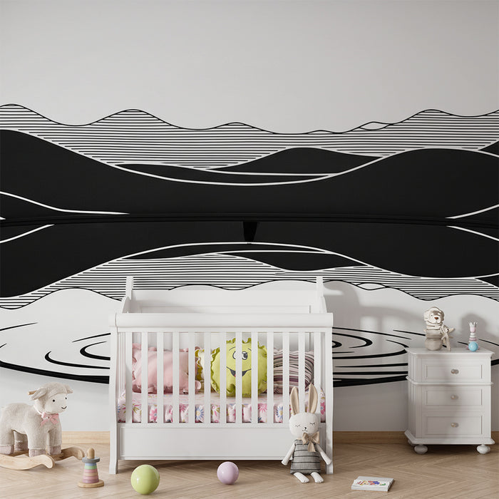 Kids room wallpaper | Stylized black and white mountains with wavy patterns