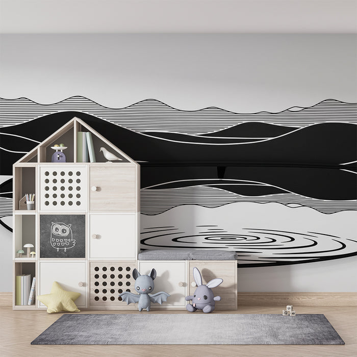 Kids room wallpaper | Stylized black and white mountains with wavy patterns