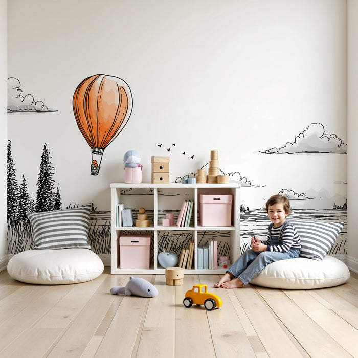 Papier peint chambre enfant | Montgolfière au-dessus des paysages paisibles