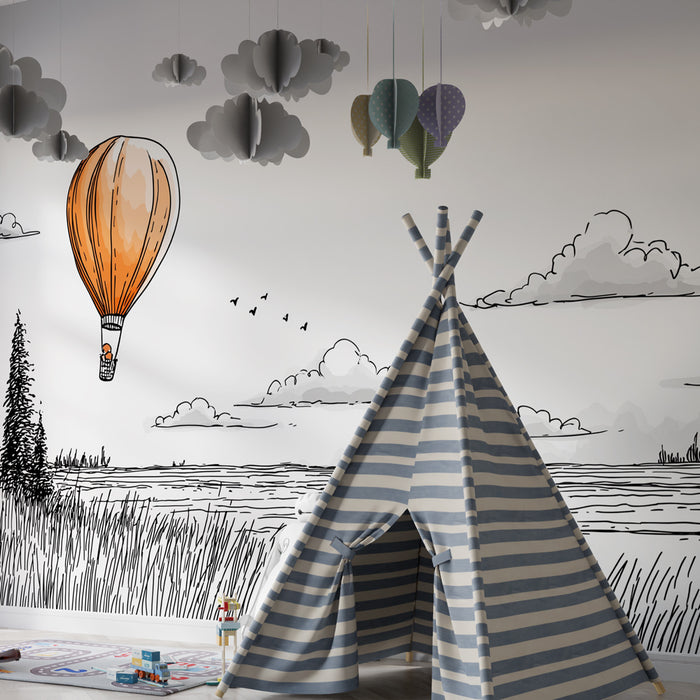 Papier peint chambre enfant | Montgolfière au-dessus des paysages paisibles
