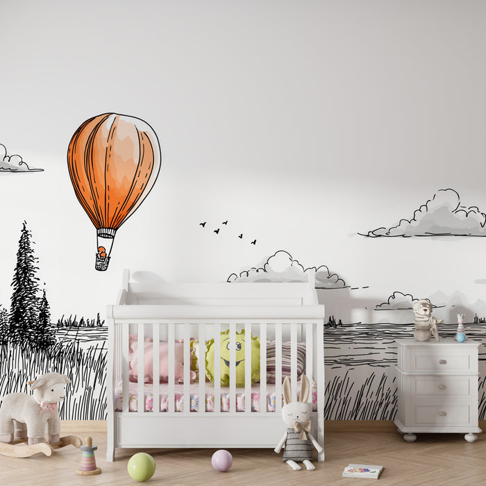 Papier peint chambre enfant | Montgolfière au-dessus des paysages paisibles