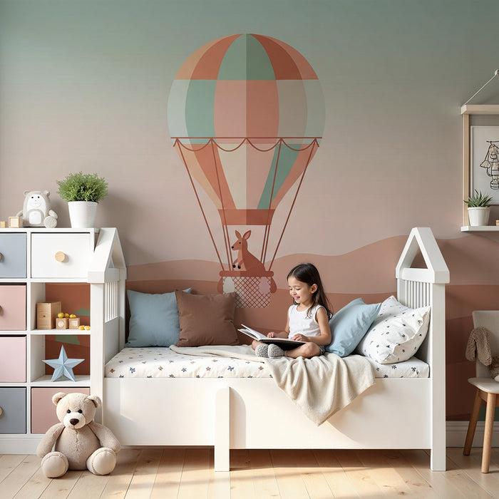 Kids room wallpaper | Colorful hot air balloon with a kangaroo in a desert landscape