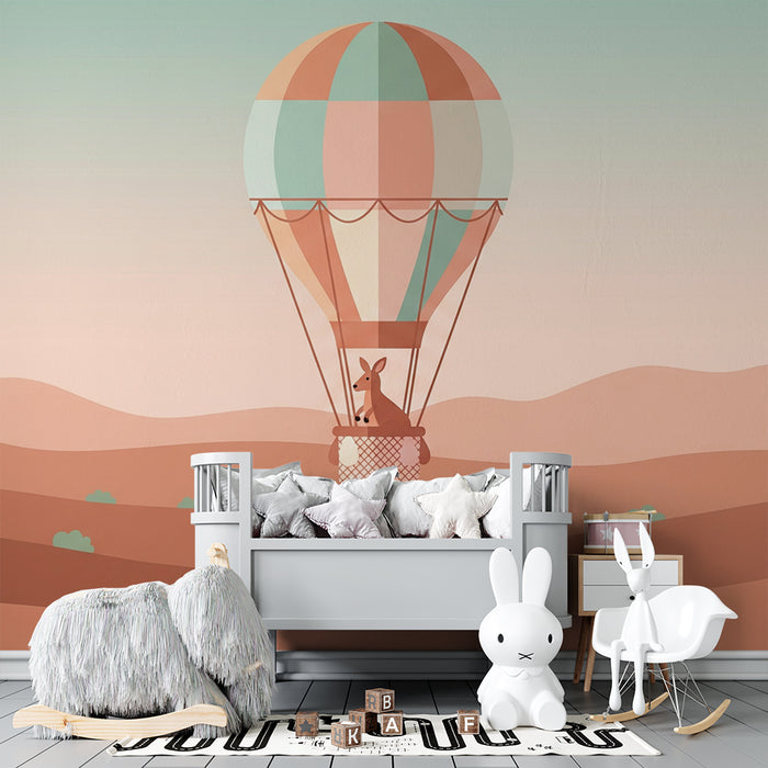 Kids room wallpaper | Colorful hot air balloon with a kangaroo in a desert landscape