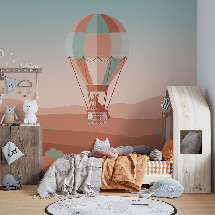 Kids room wallpaper | Colorful hot air balloon with a kangaroo in a desert landscape