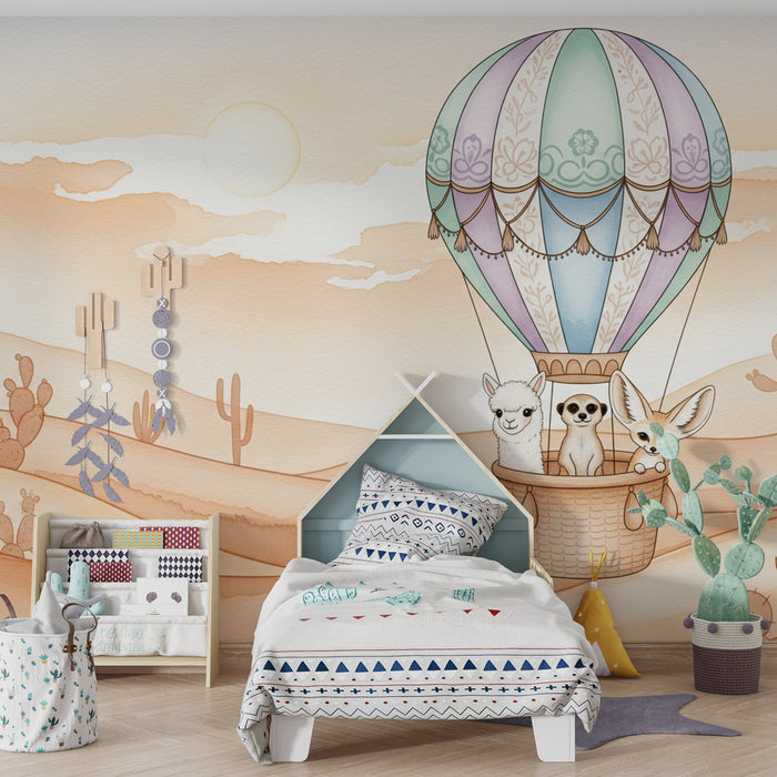 Papier peint chambre enfant | Montgolfière et animaux du désert