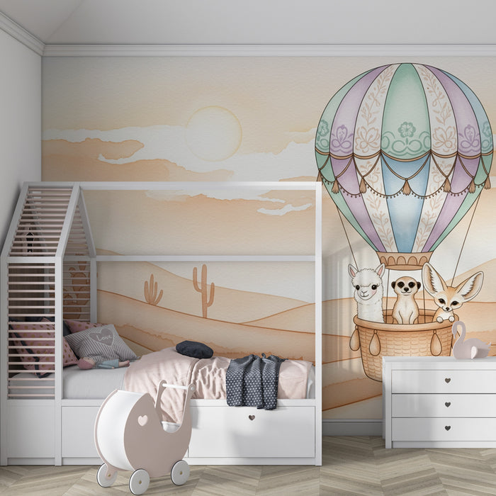 Papier peint chambre enfant | Montgolfière et animaux du désert
