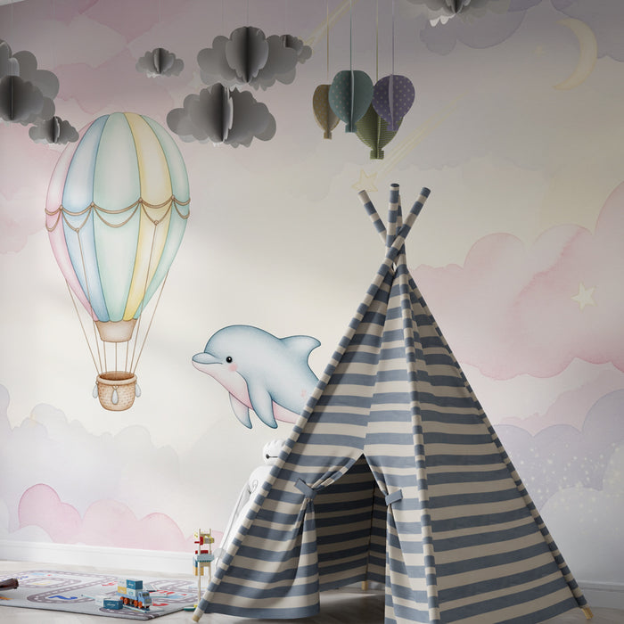 Kinderzimmer Tapete | Heißluftballon und Delfin in den Wolken