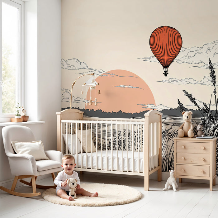 Papier peint chambre enfant | Montgolfière et paysages apaisants