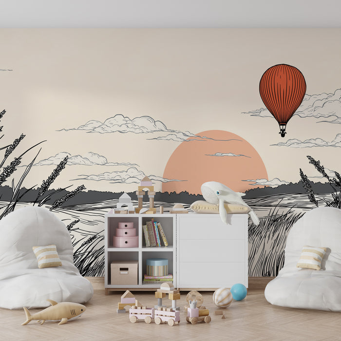Papier peint chambre enfant | Montgolfière et paysages apaisants
