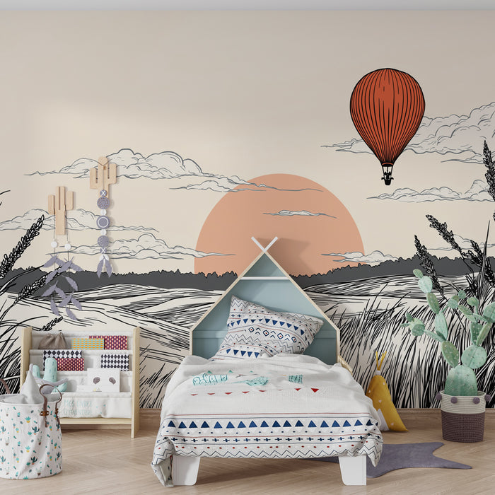 Papier peint chambre enfant | Montgolfière et paysages apaisants