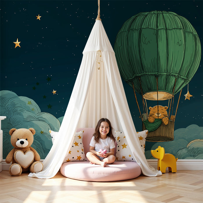 Papier peint chambre enfant | Montgolfière étoilée avec un petit léopard rêveur
