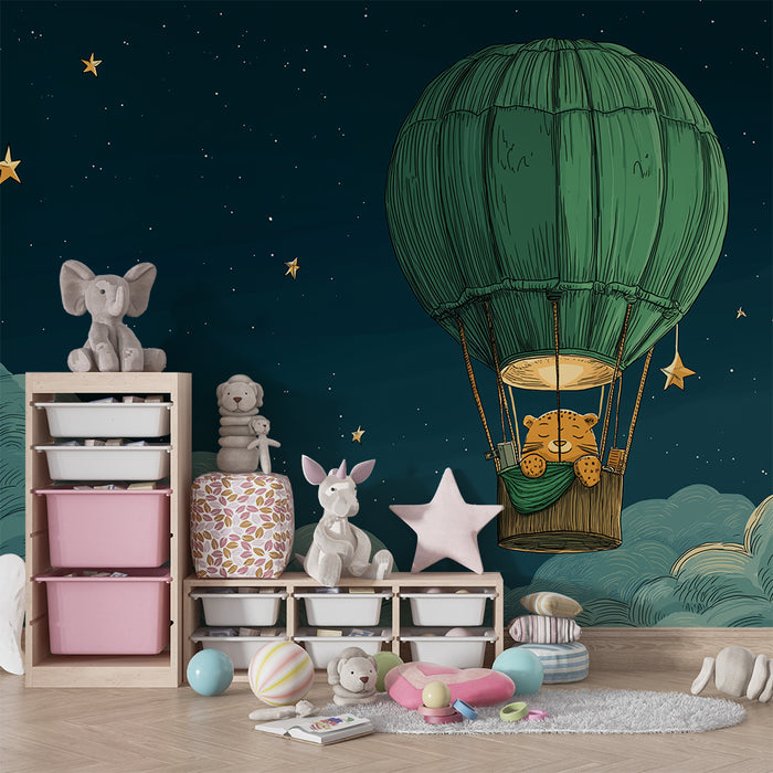 Papier peint chambre enfant | Montgolfière étoilée avec un petit léopard rêveur