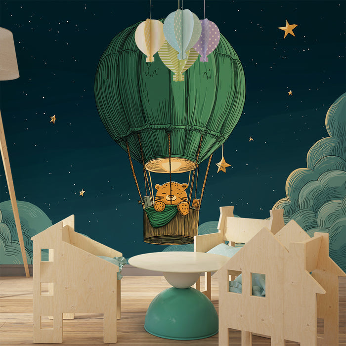 Papier peint chambre enfant | Montgolfière étoilée avec un petit léopard rêveur