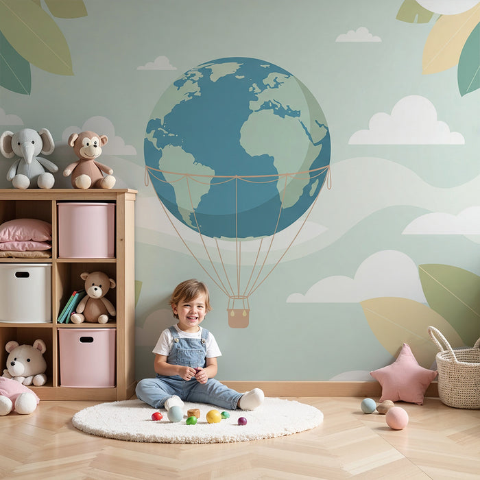 Kinderzimmer Tapete | Heißluftballon schwebt über einer friedlichen Welt