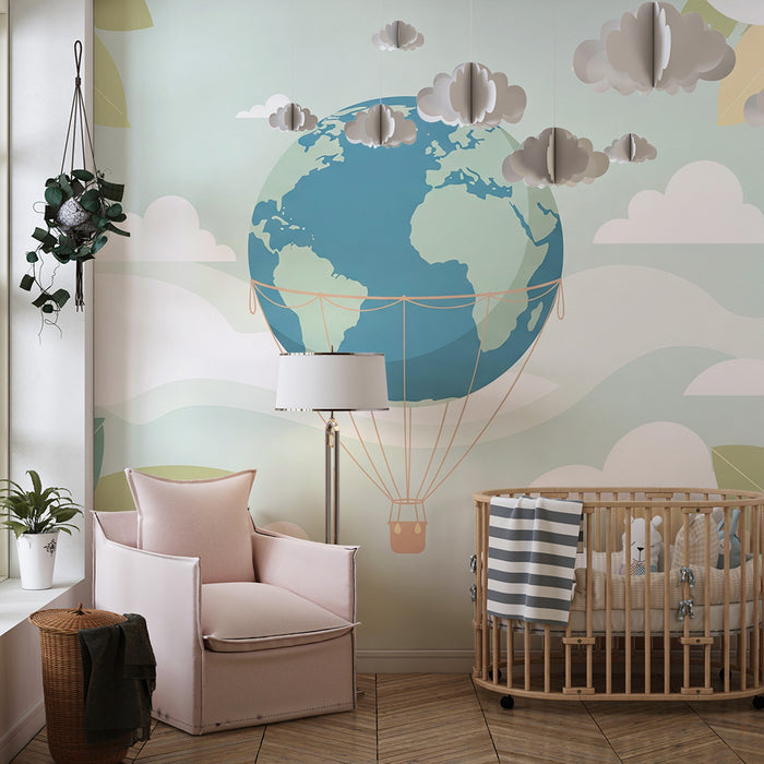 Kinderzimmer Tapete | Heißluftballon schwebt über einer friedlichen Welt