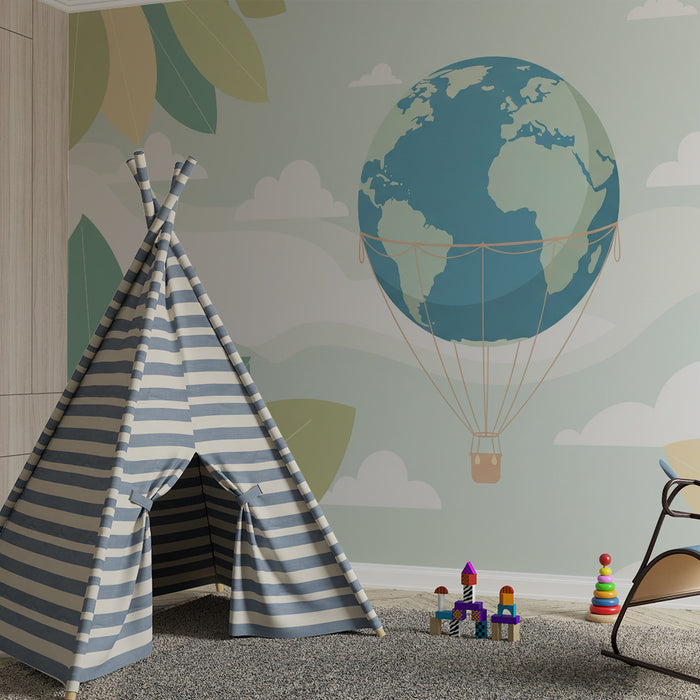 Kinderzimmer Tapete | Heißluftballon schwebt über einer friedlichen Welt