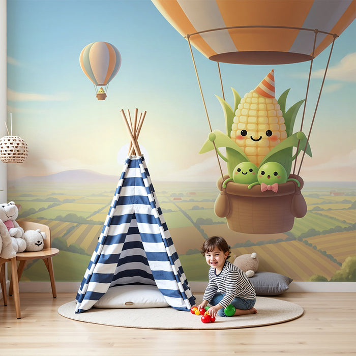 Behang kinderkamer | Vrolijke luchtballon met maïs en erwten in een zonnig landschap