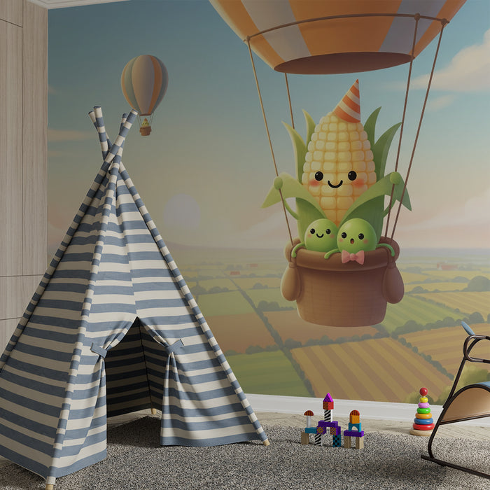 Behang kinderkamer | Vrolijke luchtballon met maïs en erwten in een zonnig landschap