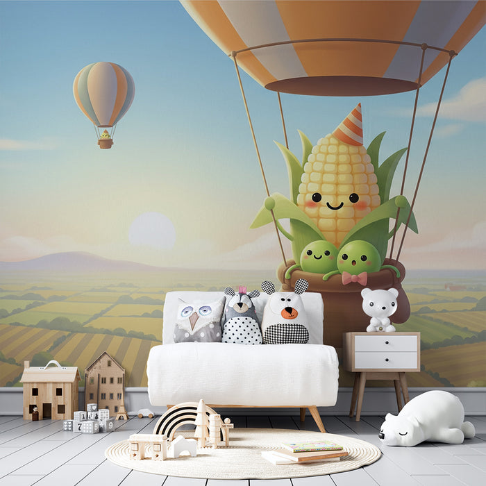Behang kinderkamer | Vrolijke luchtballon met maïs en erwten in een zonnig landschap
