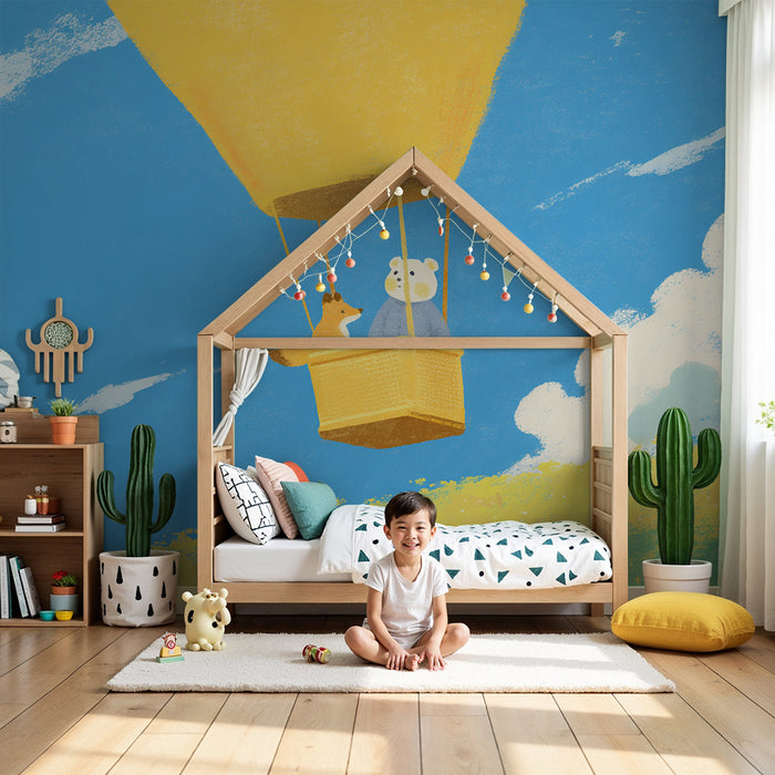 Kids' Room Wallpaper | Happy Hot Air Balloon with Bear and Fox