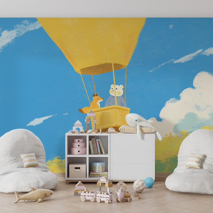 Kids' Room Wallpaper | Happy Hot Air Balloon with Bear and Fox