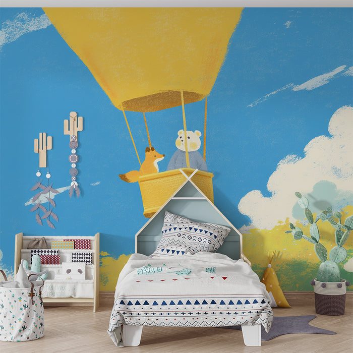Kids' Room Wallpaper | Happy Hot Air Balloon with Bear and Fox