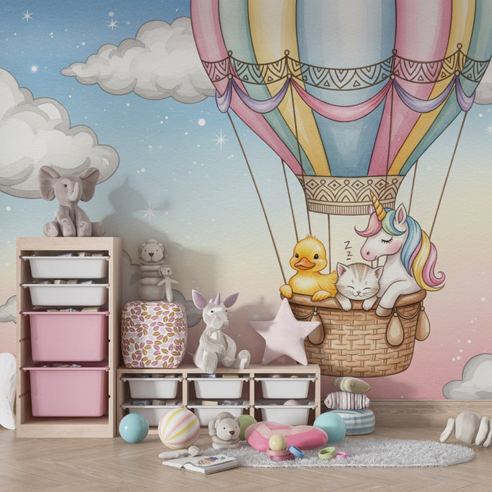Carta da parati bambini | Mongolfiera magica con dolci amici