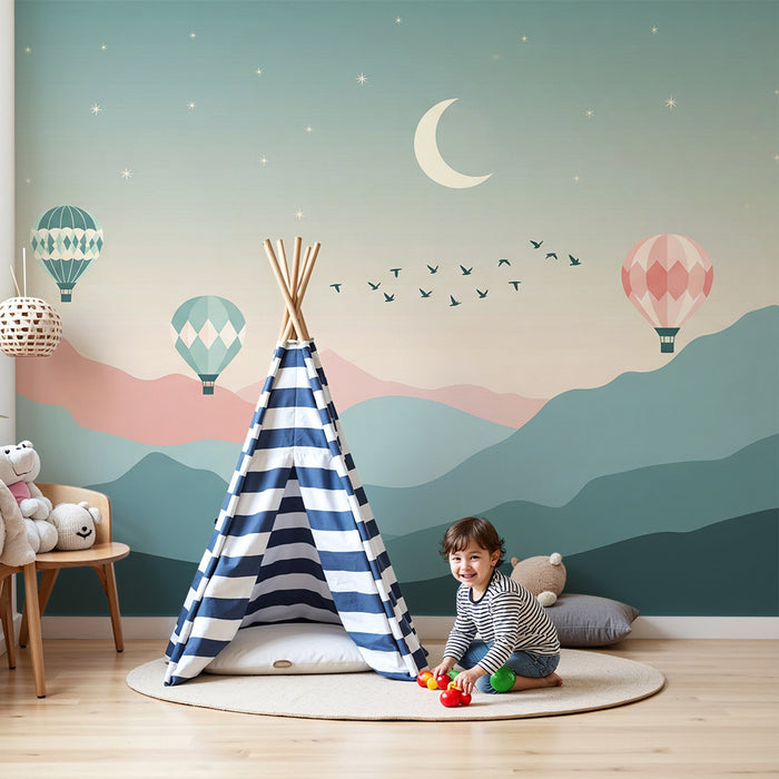 Kinderzimmer Tapete | Bunte Heißluftballons in einem Sternenhimmel