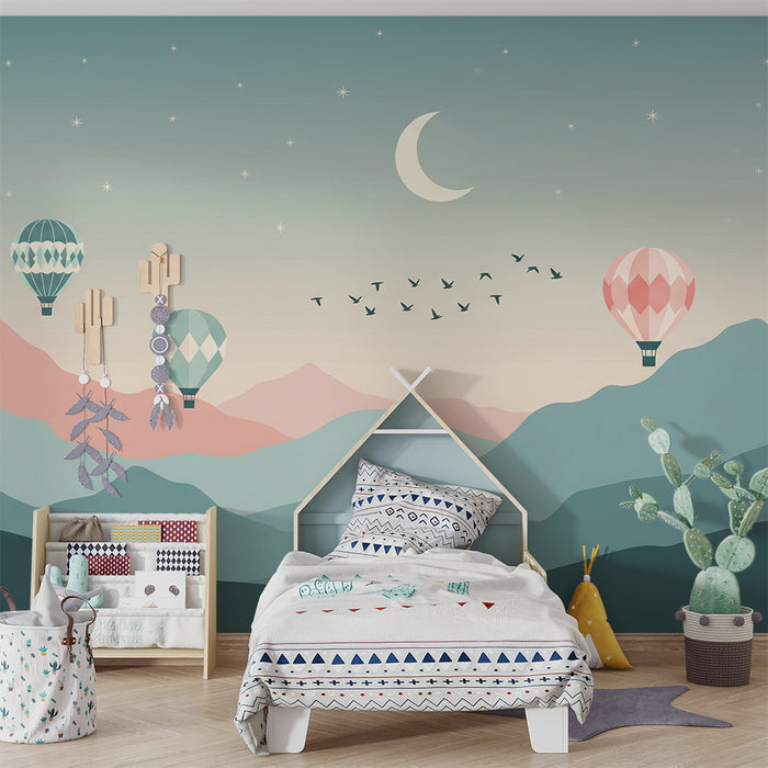 Kinderzimmer Tapete | Bunte Heißluftballons in einem Sternenhimmel