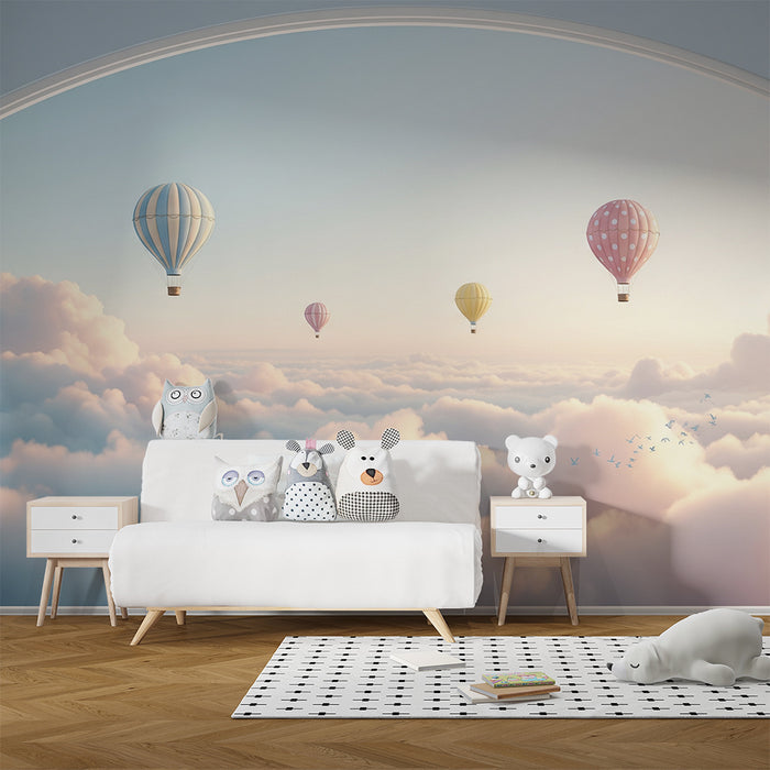 Papel pintado infantil | Globos aerostáticos coloridos en un cielo pastel
