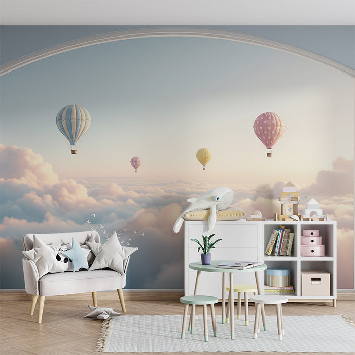 Papel pintado infantil | Globos aerostáticos coloridos en un cielo pastel