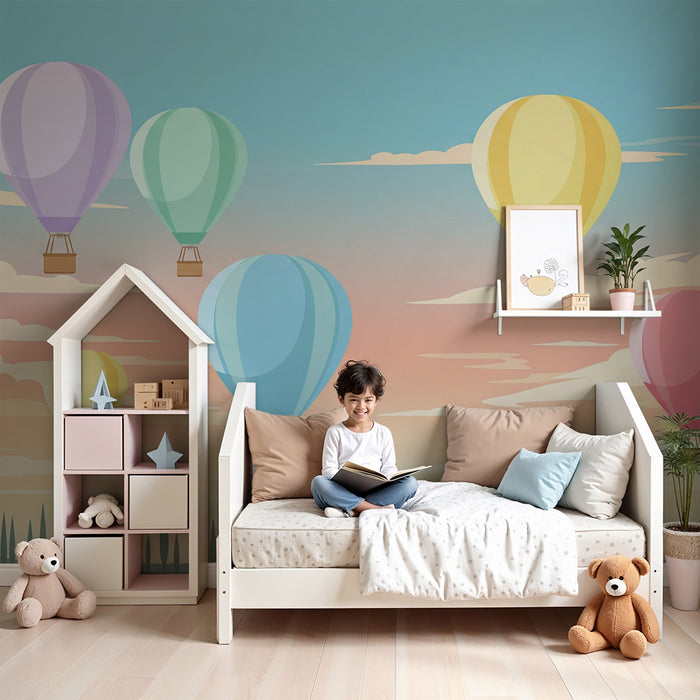 Kinderkamer behang | Kleurrijke luchtballonnen in een pastelkleurige lucht