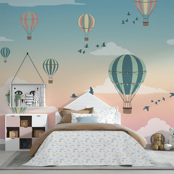 Papier peint chambre enfant | Montgolfières colorées dans un ciel pastel