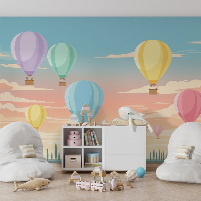 Kinderkamer behang | Kleurrijke luchtballonnen in een pastelkleurige lucht