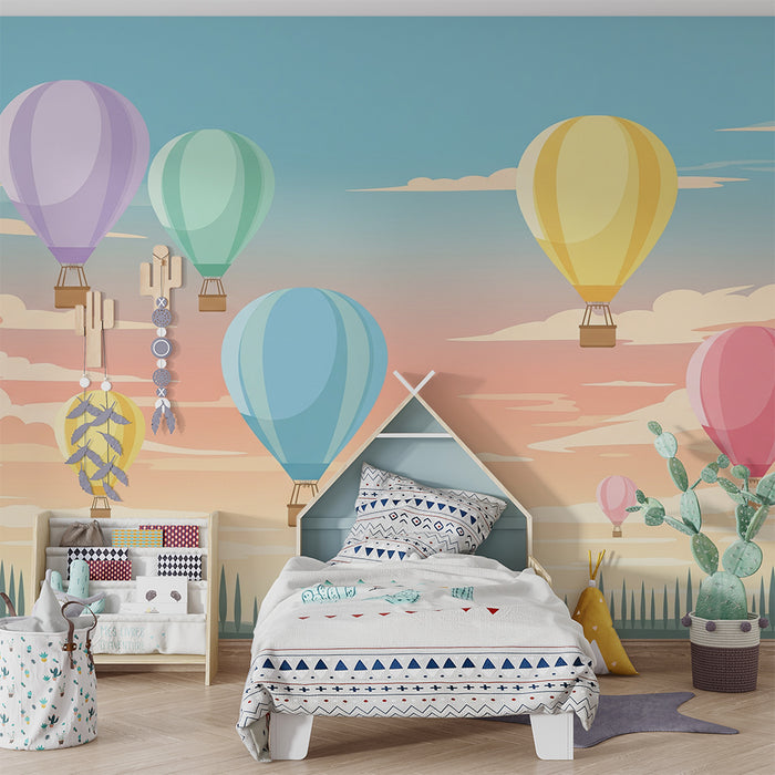 Kinderkamer behang | Kleurrijke luchtballonnen in een pastelkleurige lucht