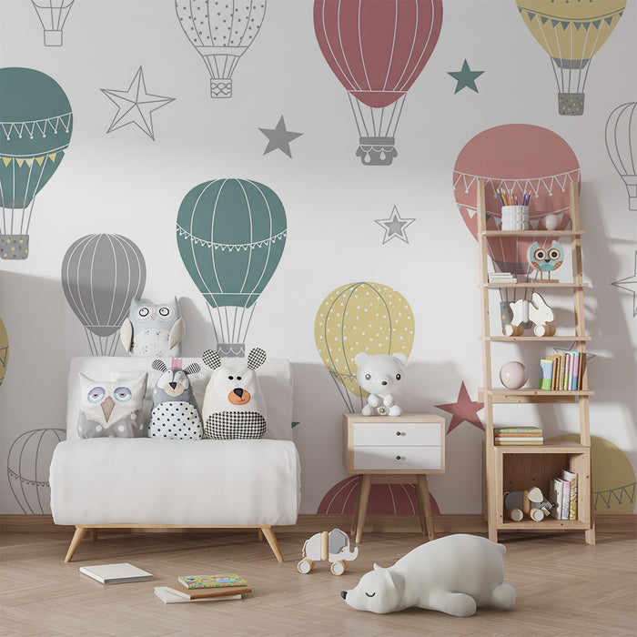 Kinderzimmer Tapete | Bunte Heißluftballons und glitzernde Sterne