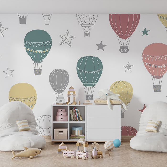 Kinderzimmer Tapete | Bunte Heißluftballons und glitzernde Sterne