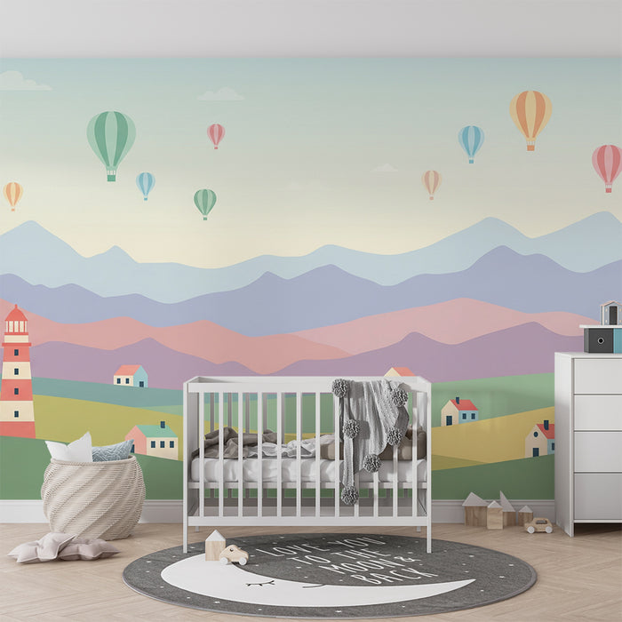Kinderkamer behang | Kleurrijke luchtballonnen en vuurtoren in een rustig landschap