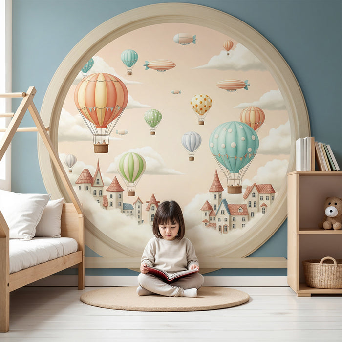 Children's bedroom wallpaper | Colorful hot air balloons on a pastel sky