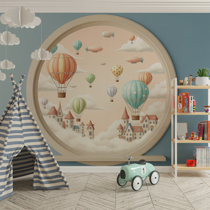 Children's bedroom wallpaper | Colorful hot air balloons on a pastel sky