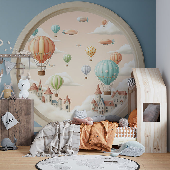 Children's bedroom wallpaper | Colorful hot air balloons on a pastel sky