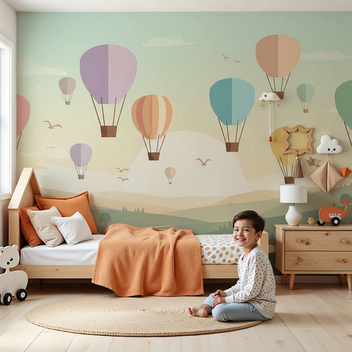 Kinderzimmer Tapete | Bunte Heißluftballons über einer friedlichen Landschaft