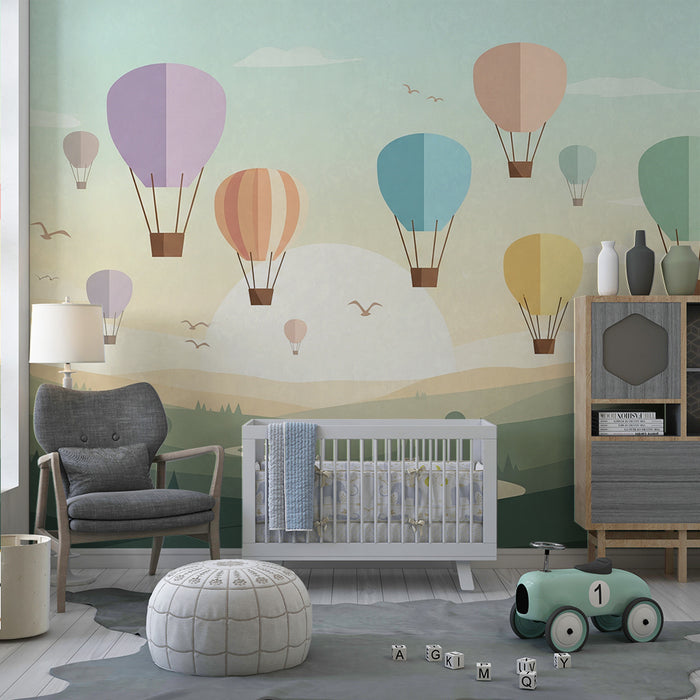 Kinderzimmer Tapete | Bunte Heißluftballons über einer friedlichen Landschaft