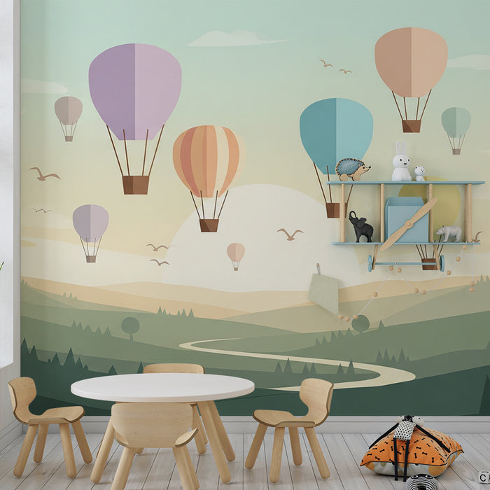 Kinderzimmer Tapete | Bunte Heißluftballons über einer friedlichen Landschaft