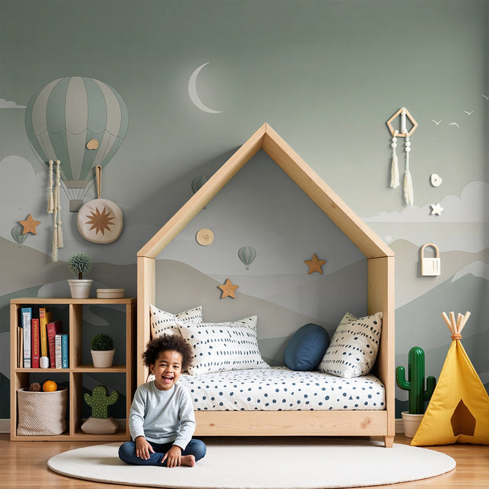 Papier peint chambre enfant | Montgolfières et paysages de montagnes apaisants