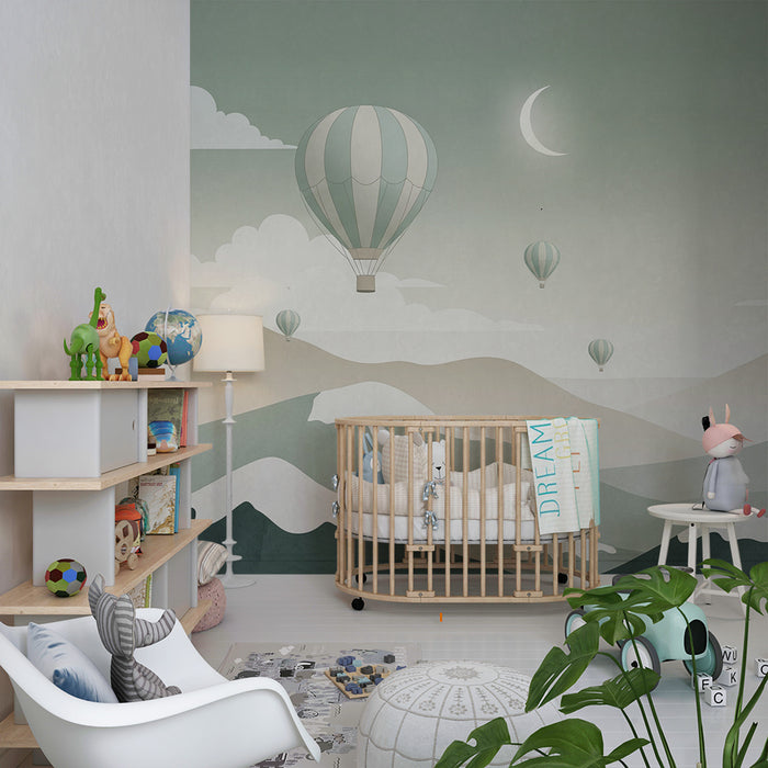 Papier peint chambre enfant | Montgolfières et paysages de montagnes apaisants