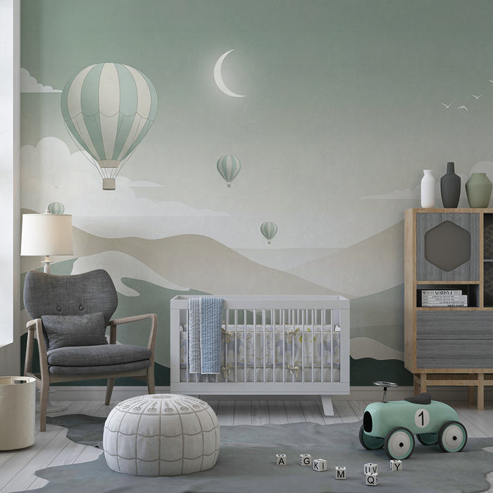Papier peint chambre enfant | Montgolfières et paysages de montagnes apaisants