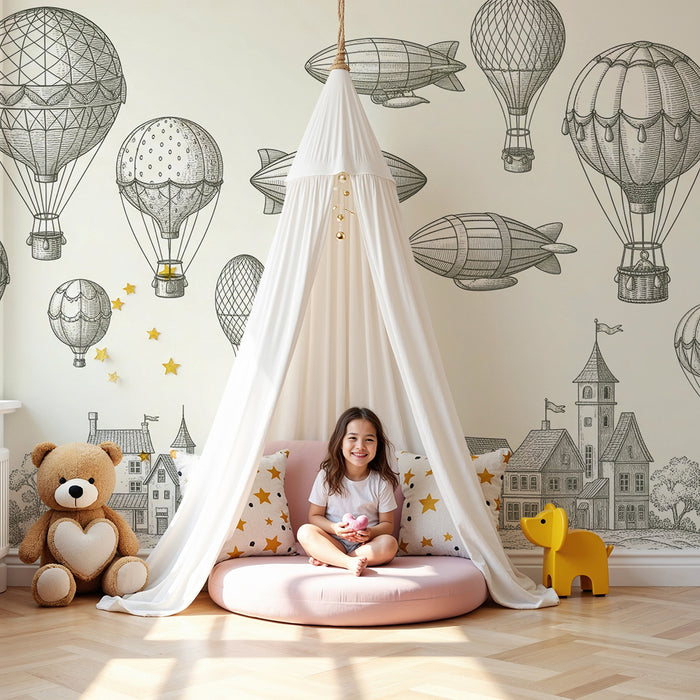 Carta da parati per camera bambini | Mongolfiere e villaggio pittoresco in bianco e nero